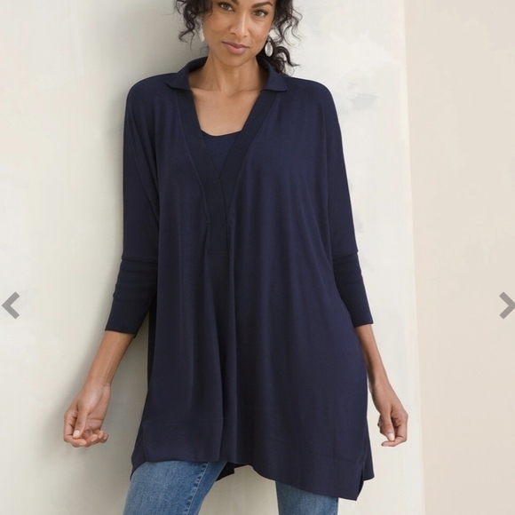 Chico's Tops - Chico's Touch of Cool Rib Mix Navy Tunic Travel Lagenlook Coastal Grandma Large